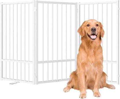 SNUOWU Full Metal Freestanding Dog Gate with Door, 32''Height Foldable Pet Dog Fence for Indoor & Outdoor, 3 Panels Extra Wide Free Standing TallDog Gates for Doorways,House,Stairs,Porch,Deck,Yard