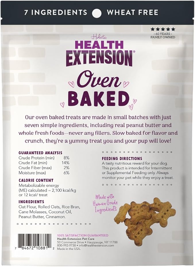 Health Extension Oven-Baked Dog Treats, Peanut Butter Recipe – Gluten & Wheat-Free, Superfood-Infused, Crunchy Biscuits for Puppy Training (6oz)