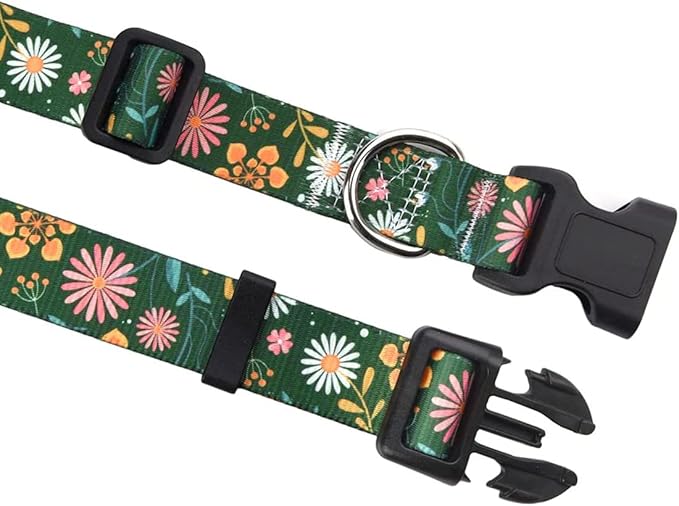 Mihqy Dog Collar with Bohemia Floral Tribal Geometric Patterns - Soft Ethnic Style Collar Adjustable for Small Medium Large Dogs(Dark Green Flower,S)