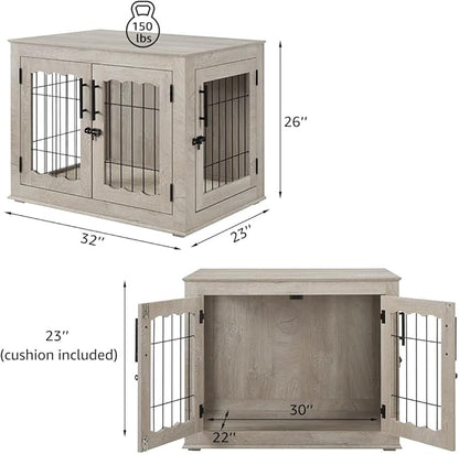 beeNbkks Furniture Style Dog Crate End Table, Double Doors Wooden Wire Dog Kennel with Pet Bed, Decorative Pet Crate Dog House Indoor Medium Large