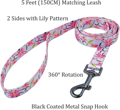 Dog Collar Leash Set, Floral Pattern, Polyester Material, Adjustable Collar and 5ft Matchcing Leash, for Medium Dogs.(M, Purple Lily)
