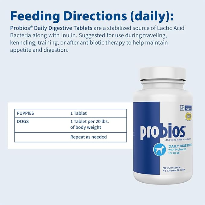 Probios Chewable Tablets for Dogs, Daily Probiotic Supplment for Gut Health, Digestion & Immune Support, 45 Count (Pack of 2)