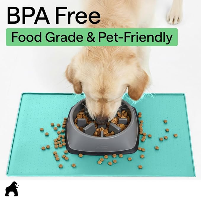 GORILLA GRIP 100% Waterproof Raised Edge BPA Free Silicone Pet Feeding Mat, Dog Cat Food Mats Contain Spills Protects Floors, Placemats for Cats and Dogs Water Bowl, Pets Accessories 16x10, Turquoise