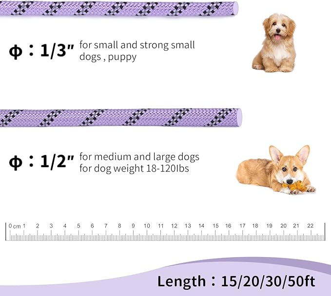 Long Dog Leash for Training 50Ft-Reflective Nylon Rope with Swivel Hook-Recall Agility Lead for Large Small Medium Dogs Outside Walking Hiking-Purple Diam 1/2"