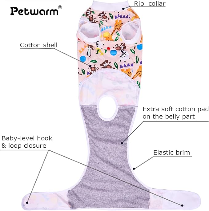 PetWarm Dog Surgical Recovery Suit Female, Substitute E-Collar Cone Prevent Licking Onesies for Dogs, Dog Surgery Recovery Suit, Female Male Onesie for Dogs Spay Neuter, Zoo Pattern, Yellow, L