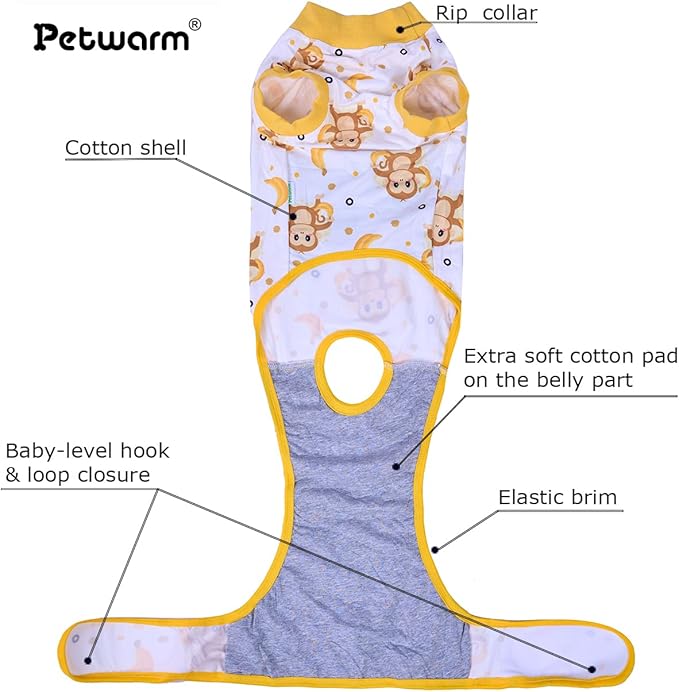 PetWarm Recovery Suit for Male Dogs Neutered, Recovery Suit for Dogs After Surgery, Dog Recovery Collars and Cones Alternative Dog Abdominal Wounds Bandages, Monkey Pattern, Yellow, XL