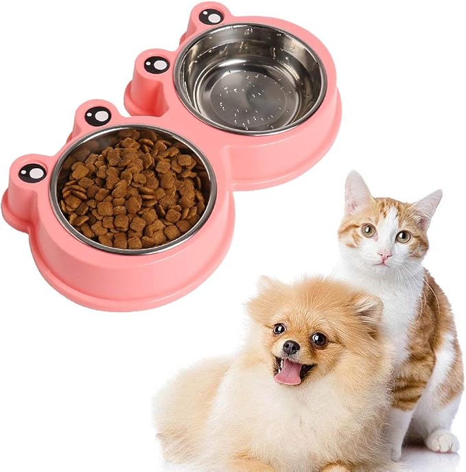Skrtuan Stainless Steel Pet Bowls, Double Food & Water Bowls for Dogs, Cats & Rabbit, Non-Slip Pet Feeder with Cute Modeling, BPA Free, Dishwasher Safe