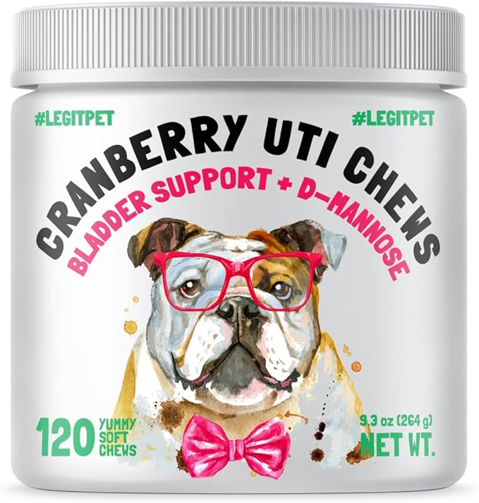 Cranberry UTI Chews for Dogs Bladder Suppot + D-Mannose Supports Kidney Urinary Tract 120 Chews and Probiotics for Dogs Natural Digestive Enzymes Prebiotics for Allergy 120 Chews