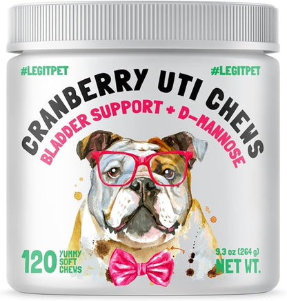 Cranberry UTI Chews for Dogs Bladder Suppot + D-Mannose Supports Kidney Urinary Tract 120 Chews and Probiotics for Dogs Natural Digestive Enzymes Prebiotics for Allergy 120 Chews