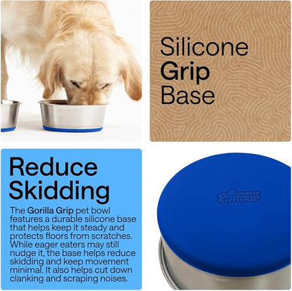 GORILLA GRIP Dog Bowls, Food Grade 304 Stainless Steel, Holds 2 Cups Each (16 fl oz) Food and Water Bowl for Feeding Dogs and Cats, Dishwasher Safe, Rust Resistant, BPA Free Rubber Base Set of 2 Blue