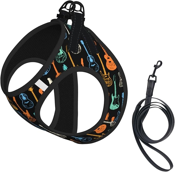 Dog Harness and Leash Set with Electric Guitars Music Pattern, Breathable Mesh Vest with Reflective Strips, Adjustable No Pull Pet Harness for Small Dogs and Cats Small