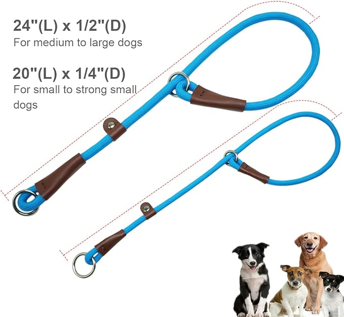 MayPaw Slip Collar Nylon Rope Adjustable Collar for Dog Training- No Pull Round Martingale Dog Collars for Small Medium Large Dogs (24" x 1/2", Blue)