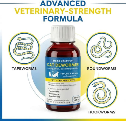 Liquid Dewormer for Cat and Kittens, Praziquantel and Pyrantel Pamoate Oral Suspension, Broad Spectrum Removes Roundworm, Hookworm, Tapeworm, Includes 3ml Dosing Syringe (100ml)