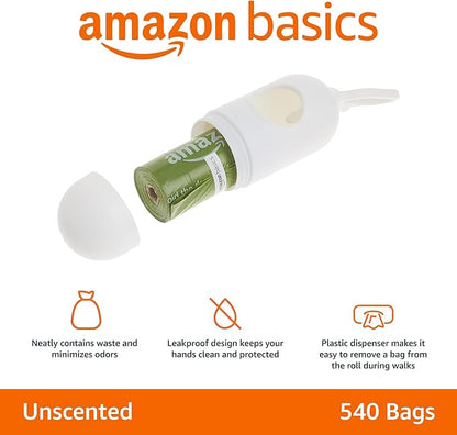 Amazon Basics Premium Leak Proof Dog Poop Bags with Dispenser and Leash Clip, Unscented, 13" x 9", 540 Count (36 Rolls of 15)