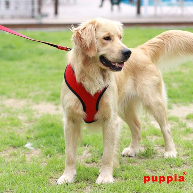 Puppia Soft Dog Harness No Choke Over-The-Head Triple Layered Breathable Mesh Adjustable Chest Belt and Quick-Release Buckle, Red, X-Small