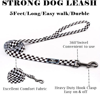 Roses&Poetry Dog Collar and Leash for Extra Small,Adjustable Durable 5ft Puppy Leash Collar for Dog Training Lead（Black & White-XS）