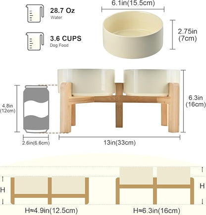 SPUNKYJUNKY Elevated Dog Bowls Ceramic, 6.1'' Dogs and Cat Food Water Bowls Raised with Non-Slip Bamboo Stand for Medium Sized Breed Microwave Dishwasher Safe - 28.7 OZ,Beige