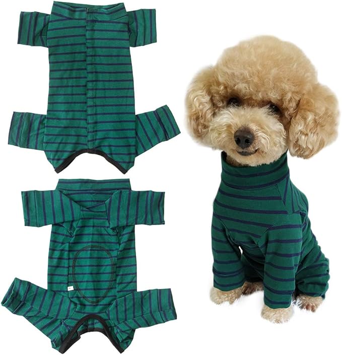 Dog’s Recovery Suit Post Surgery Shirt for Puppy, Full Coverage Dog's Bodysuit Wound Protective Surgical Clothes for Small and Medium Pets (Green Black Stripe-XXS)