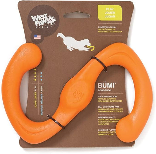 WEST PAW Zogoflex Bumi Dog Tug Toy – S-Shaped, Lightweight Chew Toys for Fetch, Play, Pet Exercise – Tug of War Soft Flinging Squishy Chewy Toy for Dogs – Guaranteed, Latex-Free, Small 8", Tangerine
