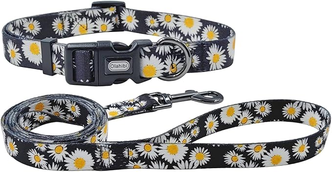 Dog Collar and Leash Set, Cute Daisy Pattern, Polyester Material, 5ft Leash, for Large Dogs.(Large,Black Daisy)
