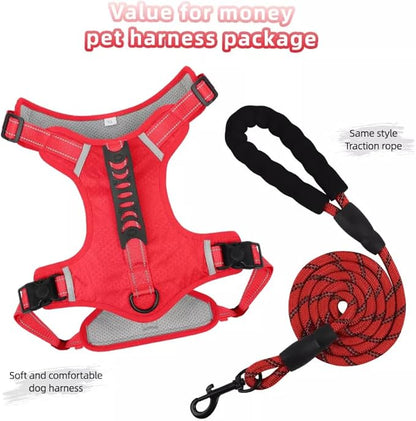 Dog Harness No Pull Adjustable Reflective,for Medium and Large Small Dog with Leash 59.06in (Red, M)