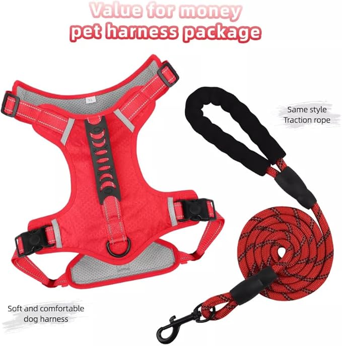 Dog Harness No Pull Adjustable Reflective,for Medium and Large Small Dog with Leash 59.06in (Red, XS)