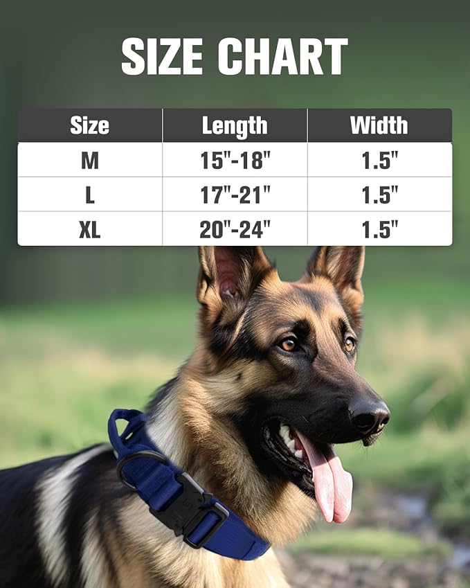 Joytale Tactical Dog Collar with Handle and Metal Buckle, Heavy Duty Padded Military Collar with 2 Patches for Training, Adjustable for Medium Dogs, Navyblue, M