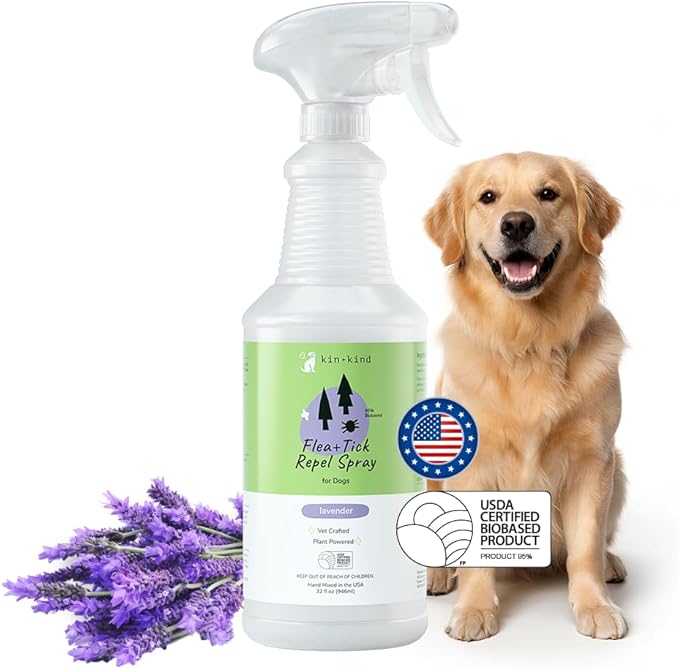 kin+kind Flea and Tick Prevention for Dogs – Plant Based Flea Spray with Rosemary, Lemongrass & Cedarwood Oil – Pet Supplies for Bugs and Pests – Flea & Tick Pet Spray Prevention - Lavender 32 fl oz