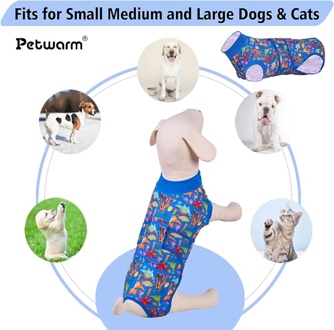PetWarm Dog Protective Suit, Surgery Suit for Dogs, Onesie for Dogs, Anti-Licking Dog Surgical Recovery Pajamas, Bodysuit for Abdominal Affected Areas Sensitive Skin Areas, Zoo Pattern, Blue, M