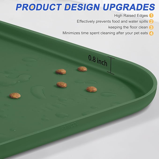SMILOOL Silicone Pet Feeding Mat with Raised Edge for Food and Water, Dog Bowl Mats, Cat Bowls Placemat with High Lip for Floor Waterproof, Rubber Tray for Cats and Dogs 24 x 16 x0.8 Dark Olive