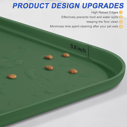 SMILOOL Silicone Pet Feeding Mat with Raised Edge for Food and Water, Dog Bowl Mats, Cat Bowls Placemat with High Lip for Floor Waterproof, Rubber Tray for Cats and Dogs 24 x 16 x0.8 Dark Olive
