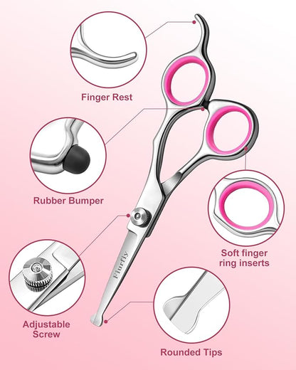 Furry Professional Pet Grooming Scissors with Safety Round Heads - 6 in 1 Curved Scissors for Dogs and Cats