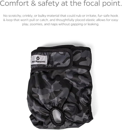Pet Parents® Washable Dog Diapers (3pack) + Extendrs® of Durable Doggie Diapers, Premium Dog Diapers Female & Male (Medium, Camo)