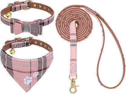 EXPAWLORER Puppy Collar and Leash Set - Embroidery Pawprints Plaid Dog Collar and Dog Leash Set, Bow Tie and Bandana Dog Collar with Bell, Collar and Leash for Dogs Cats Outdoor Walking, Pink S