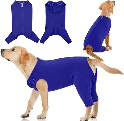 IDOMIK Dog Recovery Suit,Dog Leg Sleeve to Stop Licking Rear Legs,Thigh Wound Protective Sleeve,Male Female Pet Surgical Clothes,Doggy Surgical Suit with Pants Cover,Cone Collar Alternative,Blue,M