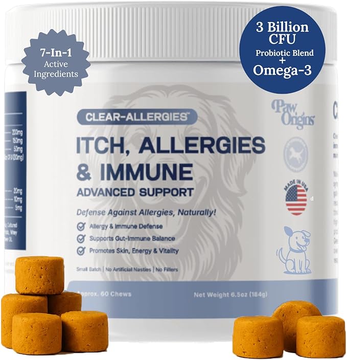 Paw Origins Dog Allergy Chews (60 Ct.) - Clear-Allergies Itch for Immune & Gut Support - Dog Allergy Relief Chews with 3 Billion CFU Probiotic Blend and Omega 3 for Seasonal Allergies - Beef Flavor