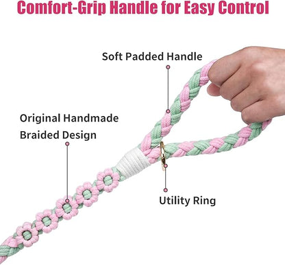Handmade 5ft Braided Cotton Dog Leash with Unique Floral Handle, Durable and Stylish, Ideal for Small to Large Dogs, Pink & Green Color