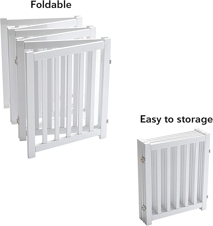 LZRS 6-Panel Extra-Wide Freestanding Wooden Dog Gate Indoor – 24”High Foldable Safety Pet Barrier for Doorways, Hallways, Kitchens, and Long Staircases, Durable Design fit Small to Medium Dogs, White
