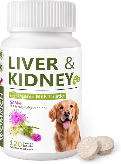 Milk Thistle & SAM-E for Dogs, Advanced Liver & Kidney Support with Silymarin, Detox Supplement for Dogs- 120 Chewable Tablets