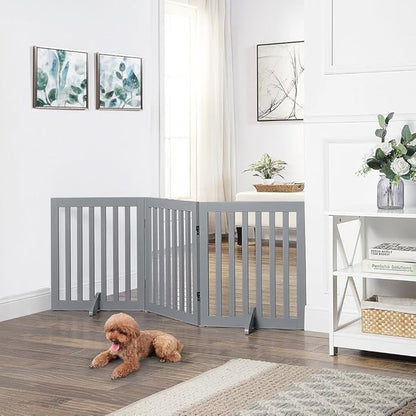 Unipaws Indoor 3 Panels Classic Freestanding Wooden Foldable Pet Gate with Support Feet - Grey, 20" W x 24" H