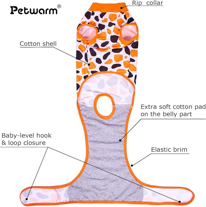 PetWarm Dog Spay Recovery Suit, Recovery Suit for Female Male Dogs, Dog Onesie After Surgey Spay Neuter Professional Pet Abdominal Wounds Bandages, Leopard Pattern, Orange, XS