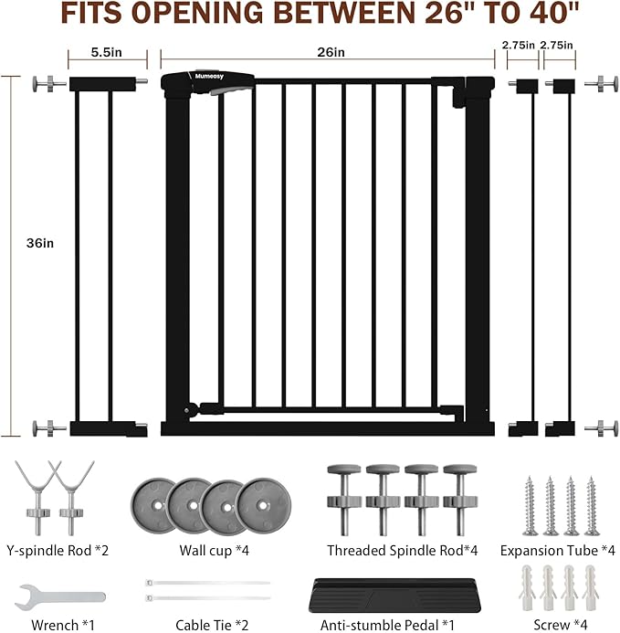 Mumeasy 36" Extra Tall Baby Gate for Stairs and Doorways, 26-40" Auto Close Dog Gate Indoor, Easy Install Pressure Mounted Pet Gate, Safety Baby Gates with Door for Child and Pets
