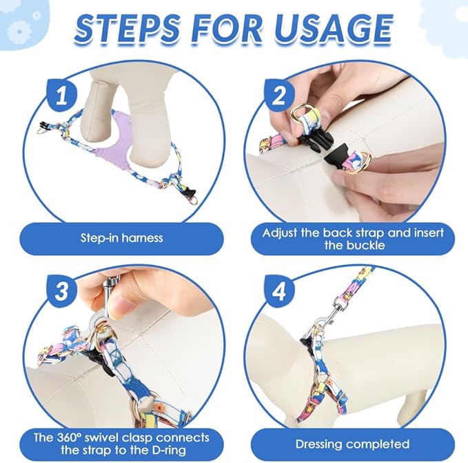 SlowTon No Pull Dog Harness with Leash - Soft Lightweight Floral Pattern Puppy Harness, Adjustable Pet Harness for Small Medium Dogs (Blue Flower XXS)