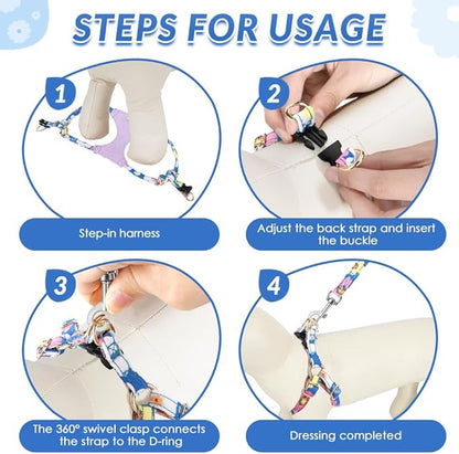SlowTon No Pull Dog Harness with Leash - Soft Lightweight Floral Pattern Puppy Harness, Adjustable Pet Harness for Small Medium Dogs (Blue Flower XXS)