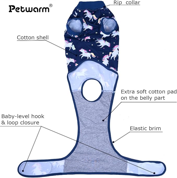 PetWarm Surgery Suit for Dogs, Onesie for Dogs After Surgery, Protective Dog Onesie After Spay or Neuter, Recovery Suit for Comfort, Full Coverage Dog Pajama, Unicorn Pattern, Blue, S