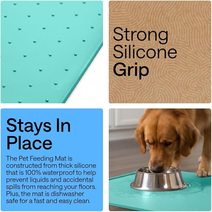 GORILLA GRIP 100% Waterproof Raised Edge BPA Free Silicone Pet Feeding Mat, Dog Cat Food Mats Contain Spills Protects Floors, Placemats for Cats and Dogs Water Bowl, Pets Accessories 32x24 Turquoise