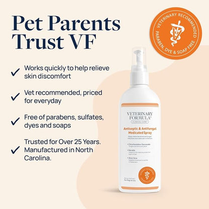 Veterinary Formula Clinical Care Antiseptic and Antifungal Spray for Dogs and Cats - Helps Alleviate Scaly, Greasy, or Red Skin and Supports Skin Prone to Odor Causing Buildup - Pack of 2, 8 oz Each