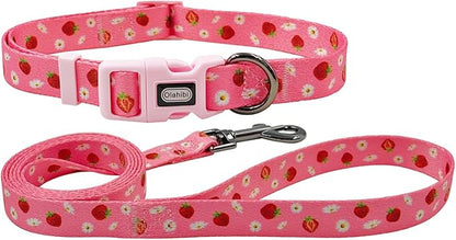 Dog Collar Leash Set, Floral Pattern, Polyester Material, Adjustable Collar and 5ft Matchcing Leash, for Large Dogs.(L, Daisy and Strawberry)