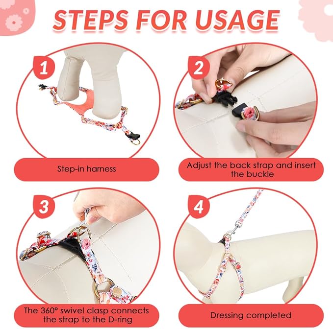 Lukovee Puppy Harness and Leash Set, No Pull Lightweight Soft Suede Adjustable Pet Harness Vest with Snap Buckle for Puppy Small and Medium Size Dog (Flower-XXS)