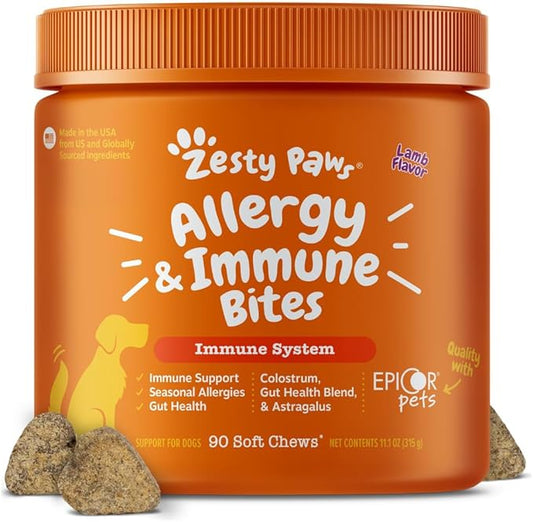 Zesty Paws Allergy Immune Bites - Dog Allergy Chews, Dog Probiotics for Itchy Skin and Ears, Lamb, 90ct